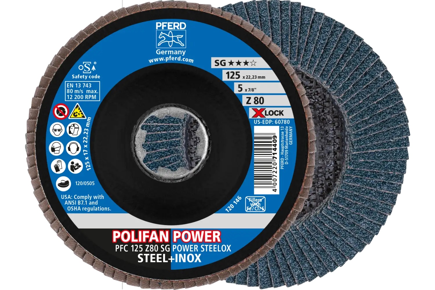Picture of Pferd Flap Disc, 5", X-Lock, Z SG Power Steelox, 80 Grit, T29, Conical, Zirconia